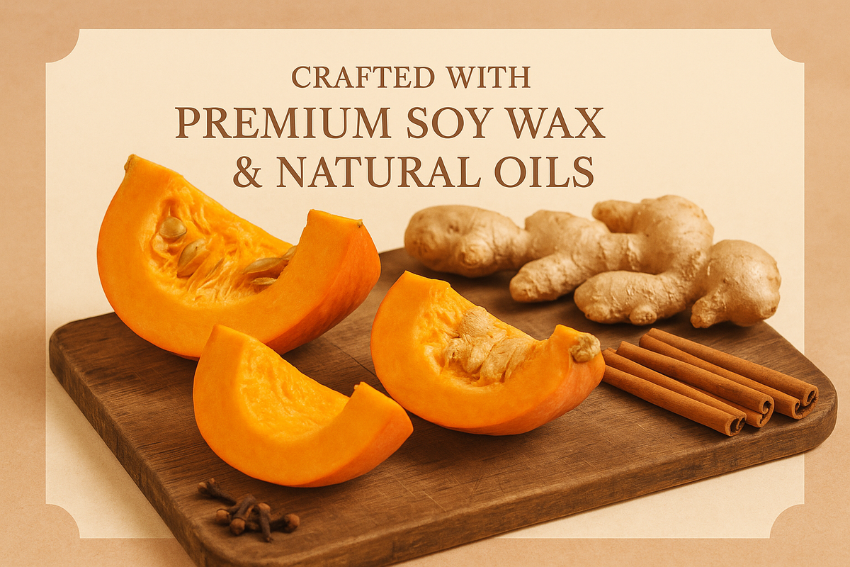 
"Styled photo of pumpkin wedges, fresh ginger roots, cinnamon sticks, and cloves on a rustic wooden board. Text overlay: ‘Crafted with Premium Soy Wax & Natural Oils.’ Soft orange and cream tones."