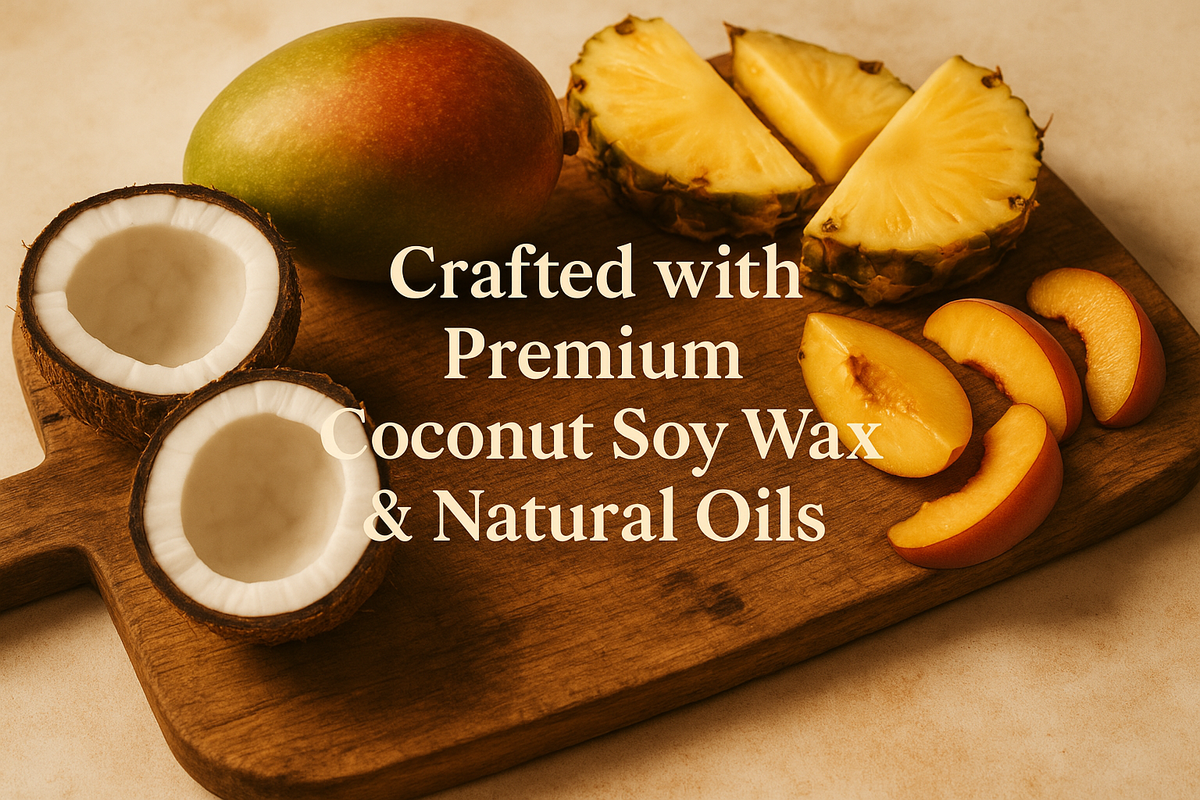 
"Styled photo of ripe mango, pineapple wedges, coconut halves, and peach slices on a rustic wooden board. Text overlay: ‘Crafted with Premium Coconut Soy Wax & Natural Oils.’ Warm golden and cream tones."
