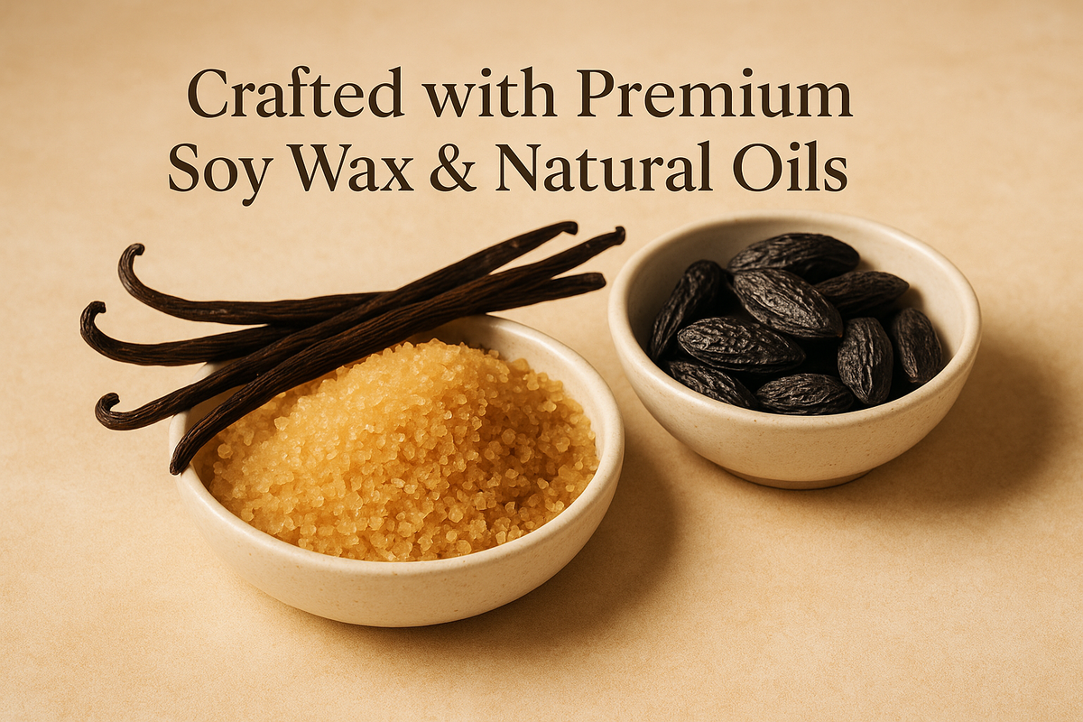 "Styled photo of vanilla beans, tonka seeds, and golden sugar displayed elegantly in ceramic bowls. Text overlay: ‘Crafted with Premium Soy Wax & Natural Oils.’ Warm golden and cream tones."