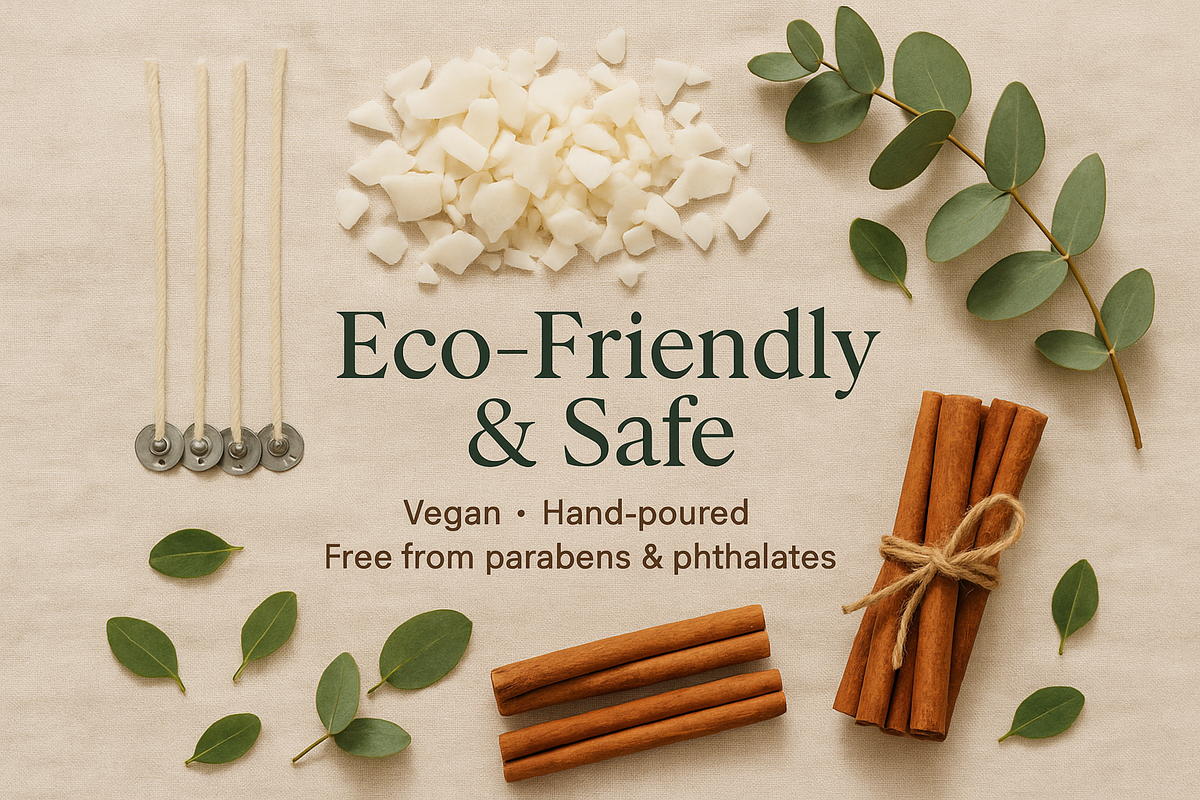 Visual Prompt:
Natural eco-style layout — cotton wicks, coconut apricot wax flakes, and cinnamon sticks on cream fabric with greenery accents.
Overlay Text:
Eco-Friendly & Safe
Vegan • Hand-poured • Free from parabens & phthalates